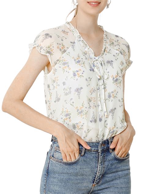 Allegra K Womens V Neck Short Sleeves Ruffled Trim Ditsy Floral