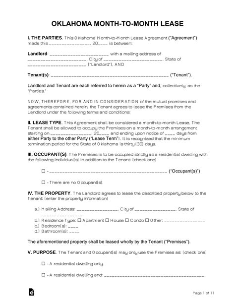 Free Oklahoma Month To Month Rental Agreement Word Pdf Eforms