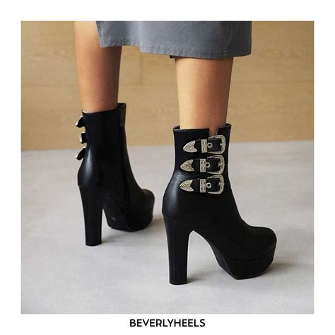 Emma Jones Round Toe Chunky Heels Ankle Buckle Straps Boots With Side Zipper Black In Sexy