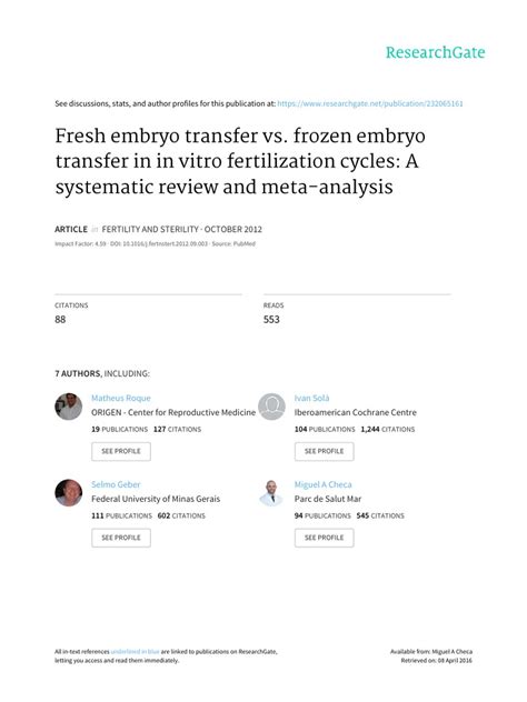 Fresh Embryo Transfer Vs Frozen Embryo Transfer In In Vitro Fertilization Cycles A Systematic