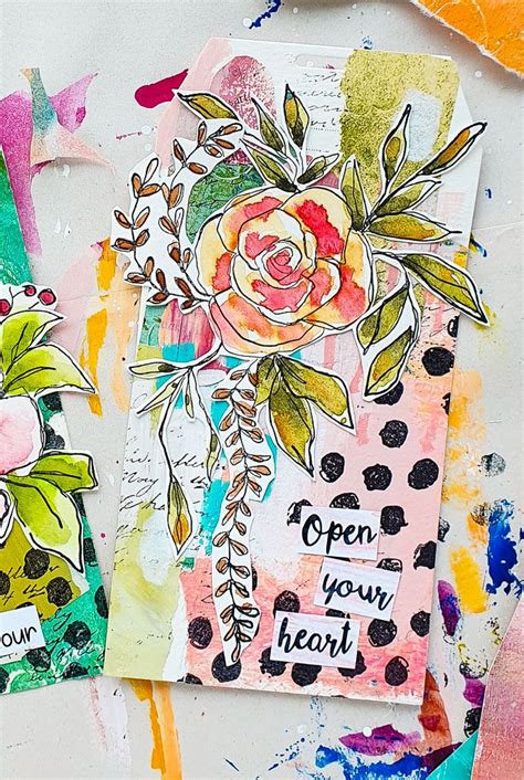 Mixed Media Collage Tags With Sketchy Flowers In 2024 Wasserfarbe Und