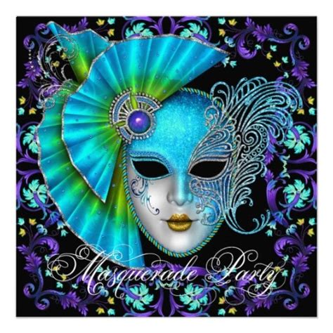 Purple And Teal Blue Masquerade Party Invitations Venetian Masks Art