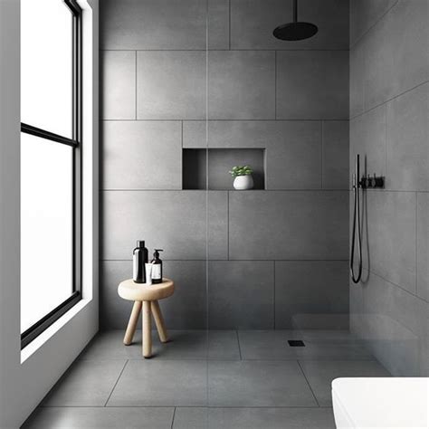 This Minimal Design Consists Of Cool Grey Tiles Paired With Black