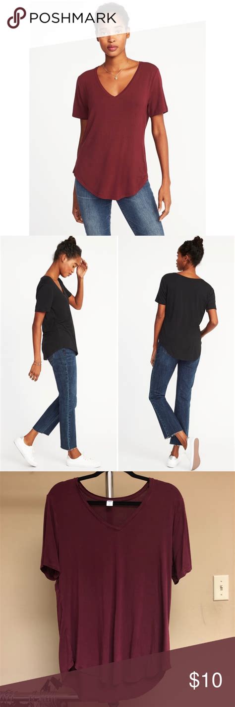 Burgundy Luxe Curved Hem V Neck Tee V Neck Tee Curved Hem Tees