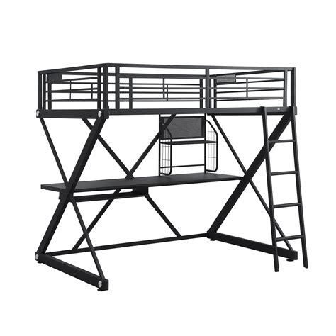 Z Shaped Metal Loft Bed With Inbuilt Desk And Suspended Shelf Black