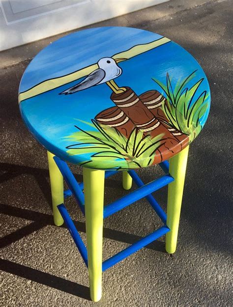 Hand Crafted Whimsical Painted Painted Bar Stool Nautical Painted