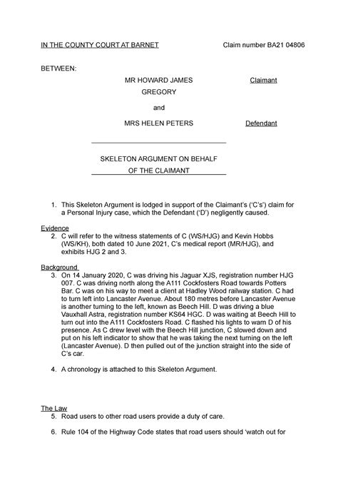 Skeleton Argument Gregory PI IN THE COUNTY COURT AT BARNET Claim