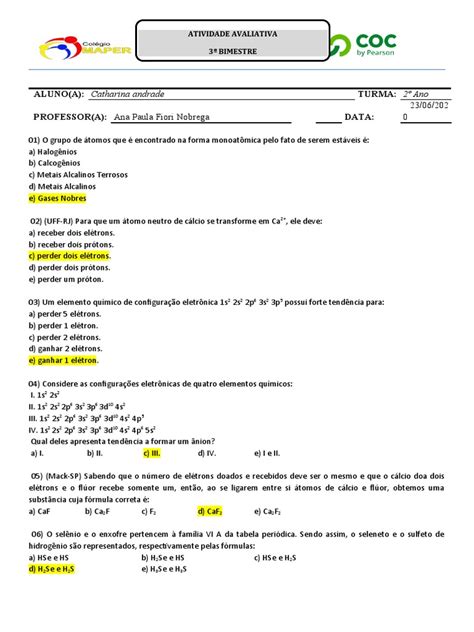 Atividade Avaliativa De Química 1º Ano Em 3º Bimestre Pdf