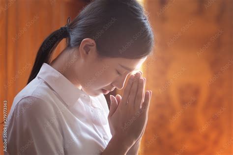 Religious Asian Buddhist Woman Praying Female Buddhist Disciple