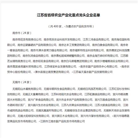 江苏省省级农业产业化重点龙头企业名单文档之家