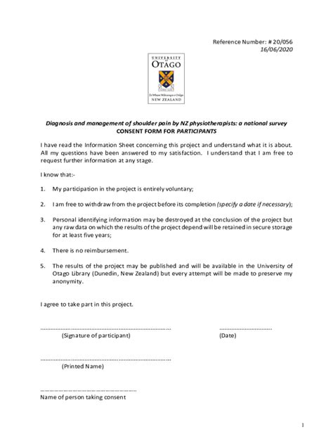 Fillable Online CONSENT FORM FOR PARTICIPANTS University Of Otago Fax