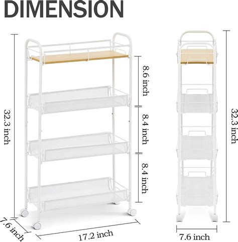 Kingrack Tier Slim Rolling Storage Cart With Wooden Tabletop Skinny