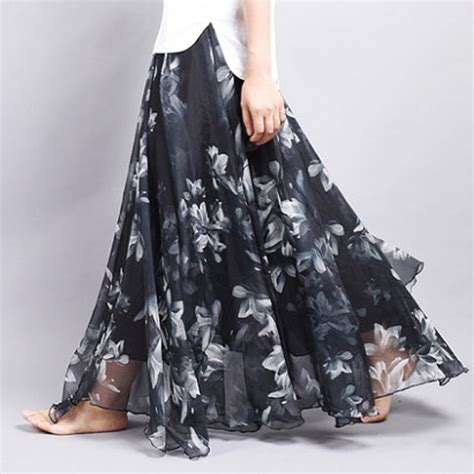 Black And White Floral Blossom Chiffon Maxi Skirt Summer Flowers Long Skirt Skirts Long