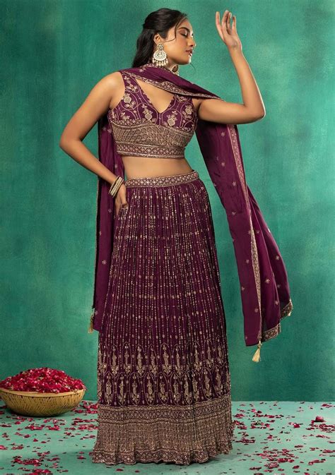 Buy Women Purple Sequin Zari Stripe Embroidered Lehenga Set With