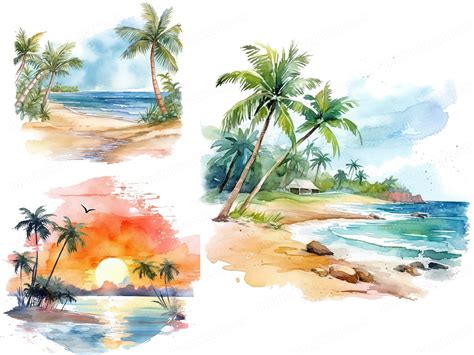 12 Beach Landscape Clipart Images, High-quality Jpgs, Watercolor ...