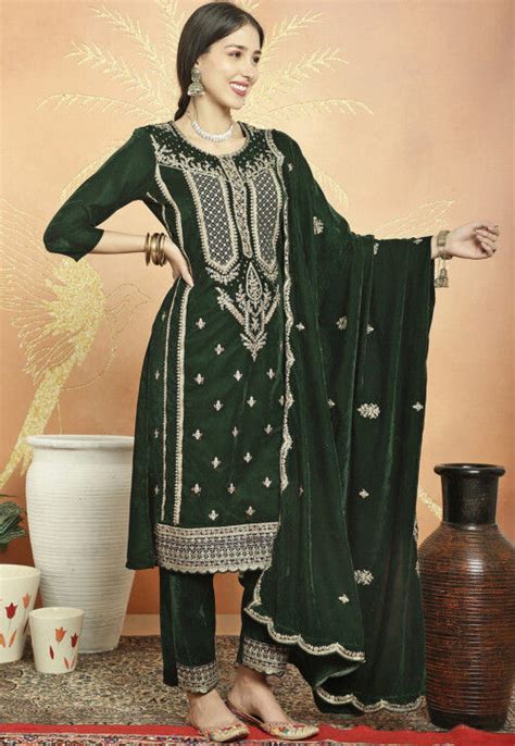 Embroidered Velvet Pakistani Suit In Dark Olive Green Kpv