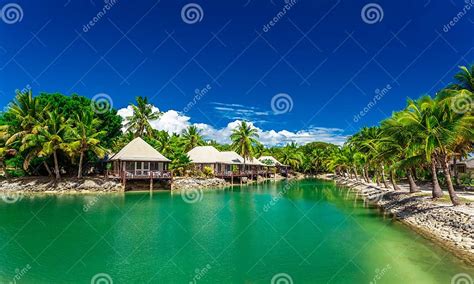 Tropical Beach With Coconut Palm Trees And Clear Lagoon Fiji Islands