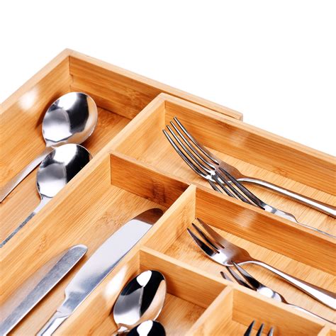 Harcas Bamboo Cutlery Tray Compartment Utensil Holder For Kitchen