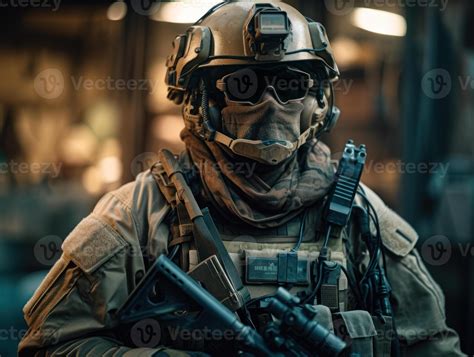 United States Army Special Forces Soldier In Uniform And Helmet With