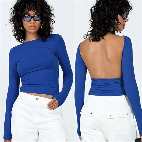 Y2k Sexy Backless Crop Top Women Casual All Match Long Sleeve O Neck T