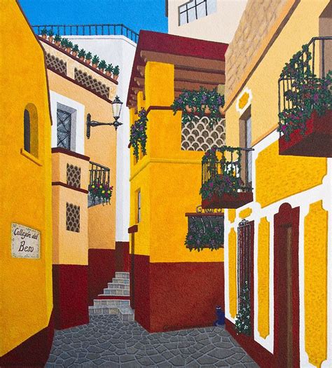 A Painting Of An Alleyway With Yellow And Red Buildings Potted Plants