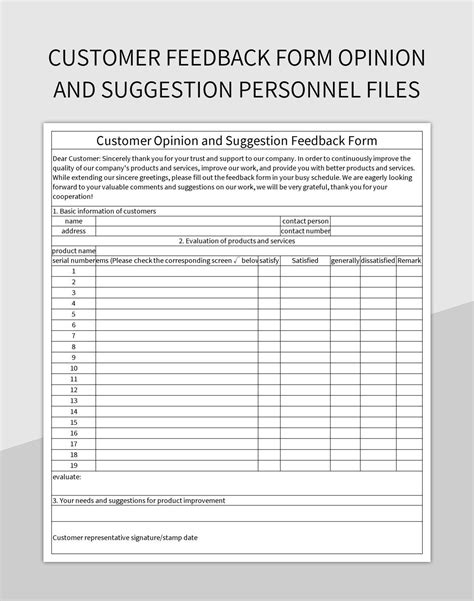 Customer Feedback Form Opinion And Suggestion Personnel Files Excel