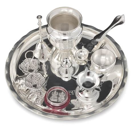 BENGALEN Silver Plated Pooja Thali Set 8 Inch With Plate Ghanti Bowl