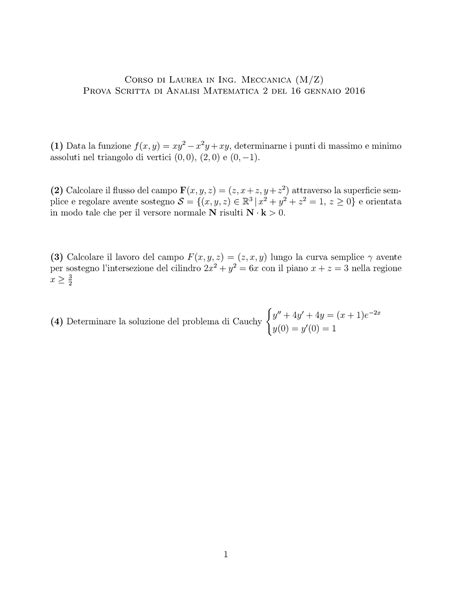 Prova 160116 PROVE DI ESAME DI ANALISI MATEMATICA 2 DEL CORSO DI