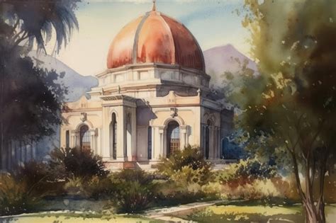 Premium Ai Image Painting From A Watercolor Drawing Of Bahai Temple