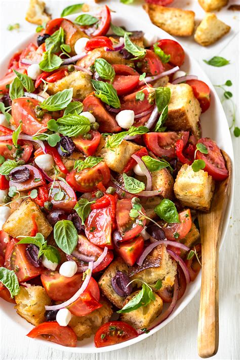 Panzanella Salad with Ciabatta, Tomatoes, Mozzarella, and Olives