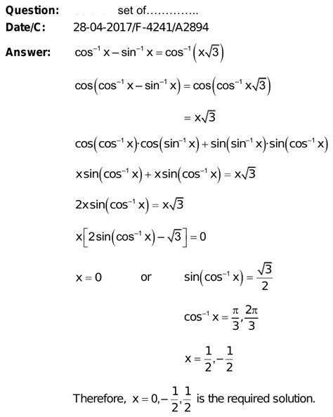 Functions Single Correct Solution Set Of The Equation Arccos X