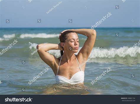 Beautiful Woman White Bikini On Beach Stock Photo 268881104 Shutterstock