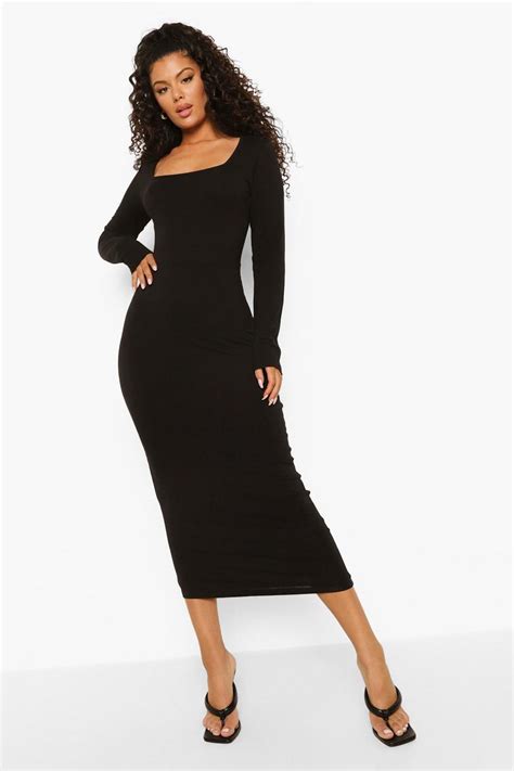 Basic Square Neck Bodycon Midi Dress Boohoo Usa