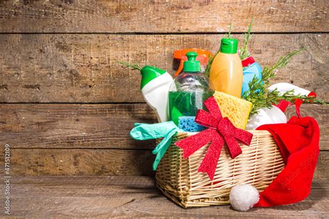 Christmas Cleaning Concept Various Bottles Equipment And Accessories