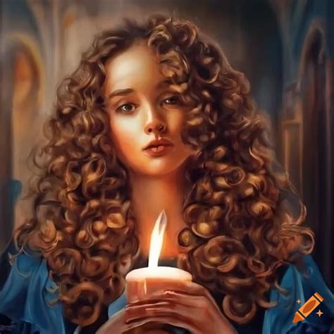 Realistic Oil Painting Of A Young Woman With Long Curly Hair In A