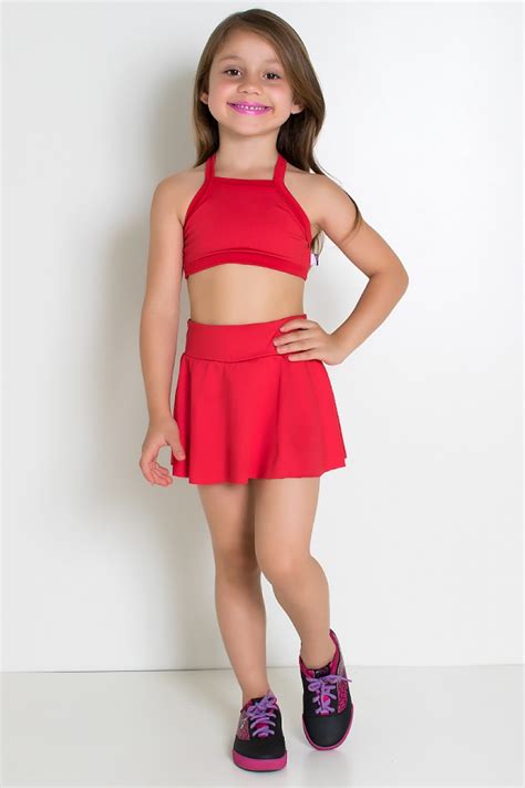 Conjunto Infantil Top Short Saia Lisos Vermelho Kaisan