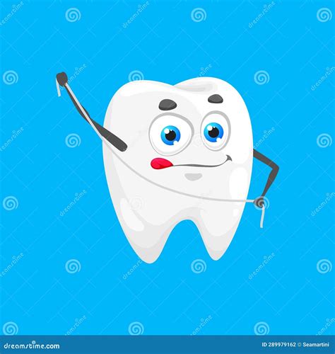 Cheerful Cartoon Tooth Character With Dental Floss Stock Vector