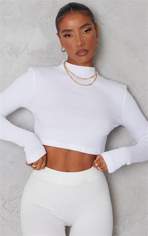 Basic White Rib High Neck Long Sleeve Crop Top Tops Prettylittlething Aus