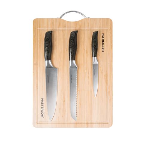 Masterpan 4 Pc Knife Set With Bamboo Cutting Board 12x16 30x40cm