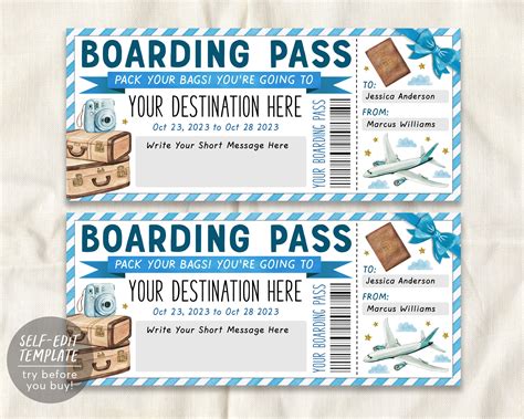 Boarding Pass Ticket Editable Template Surprise Vacation Trip Holiday