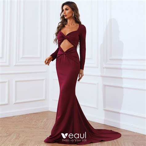 Sexy Burgundy Evening Dresses 2022 Trumpet Mermaid V Neck Long Sleeve