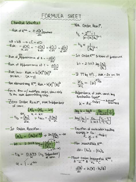 Chemical Kinetics Formula Sheet Pdf