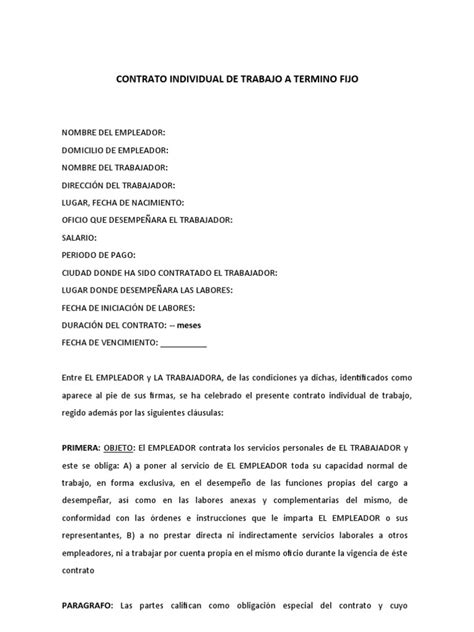 Contrato Individual De Trabajo A Término Fijo Detallando Obligaciones