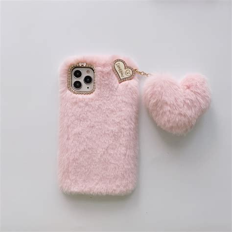 Allytech Iphone 12 Case Iphone 12 Pro Case Cute Girly Soft Warm Faux Fur With Heart Ball