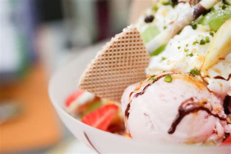 Sundae With Mixed Ice Cream And Fruits Stock Photo Image Of Cream