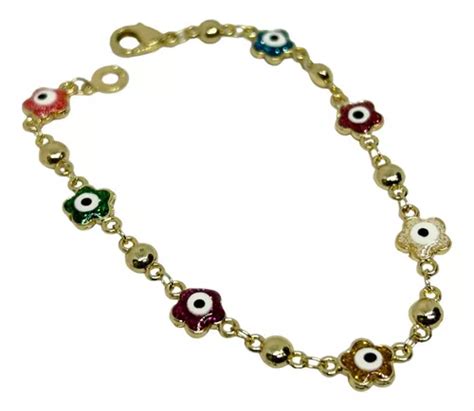 Pulsera Ojo Turco Mano Fatima En Chapa Oro 14k Colores