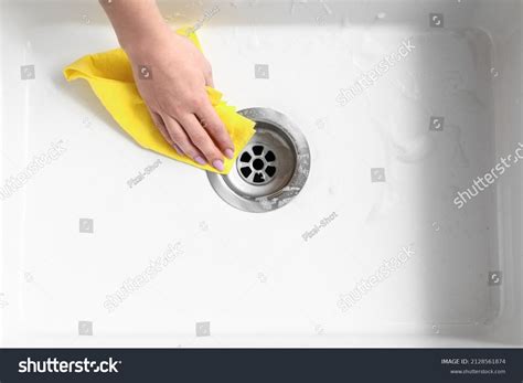 Woman Cleaning White Sink Wipe Closeup Stock Photo 2128561874 ...