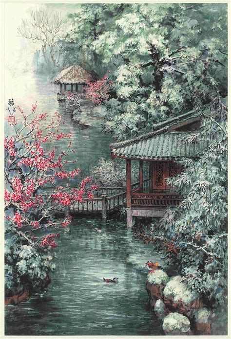 Large Vertical Chinese Suzhou Garden In Winter Watercolor Etsy