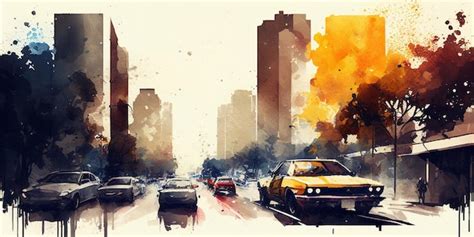 Premium Ai Image A Watercolor Painting Of A Car On A City Street