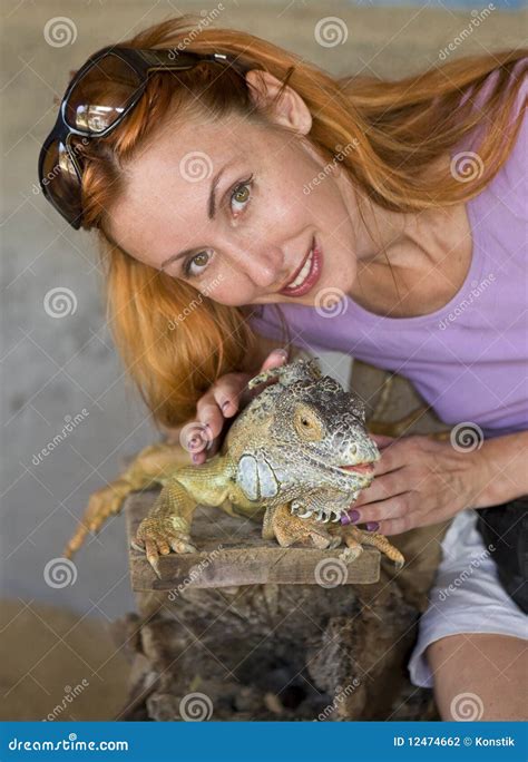 Portrait Of Woman With Iguana Stock Photo Image Of Monster Cute